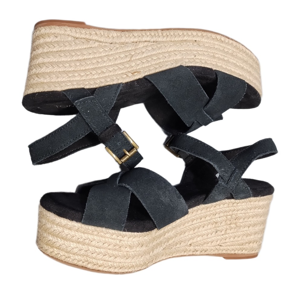 TOMS Platform Wedge Espadrille Sandals Womens 5 Black Tan Open Toe Buckle Strap
